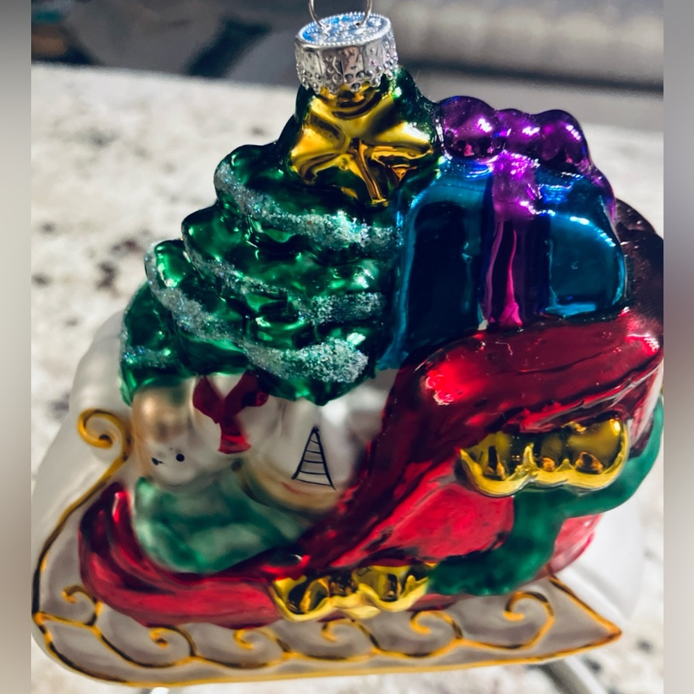 Hand blown glass sleigh ornament. Old world vintage ornament
